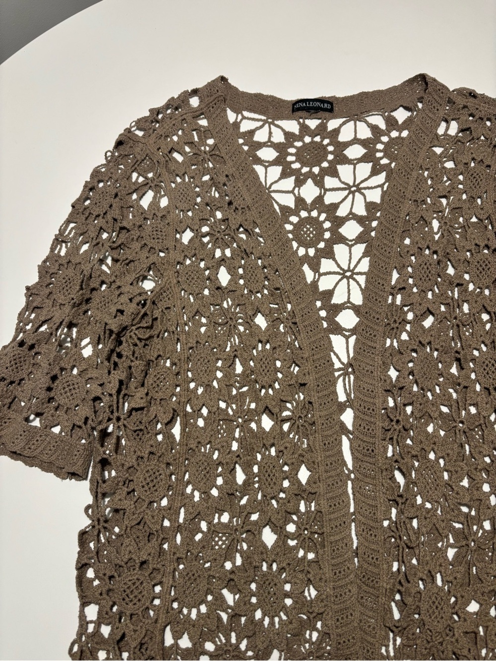 Nina Leonard Taupe Brown Crochet Cotton Boho Festival Short Sleeve Cover Up
